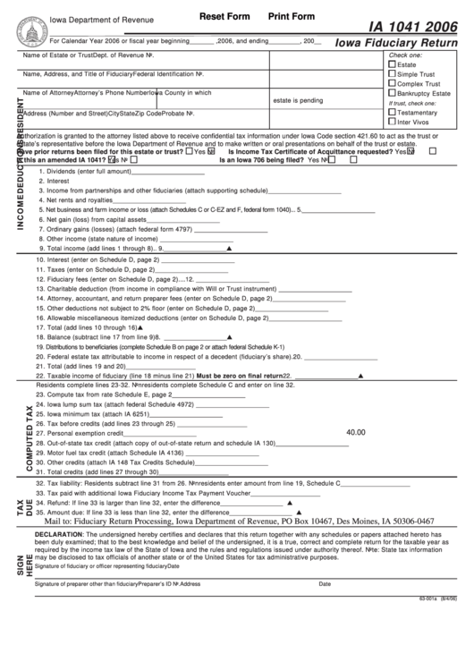 Fillable Form Ia 1041 - Iowa Fiduciary Return - 2006 Printable pdf
