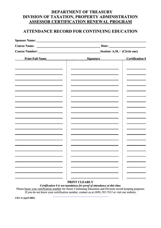 Fillable Form Ceu-4 - Attendance Record For Continuing Education - 2003 Printable pdf
