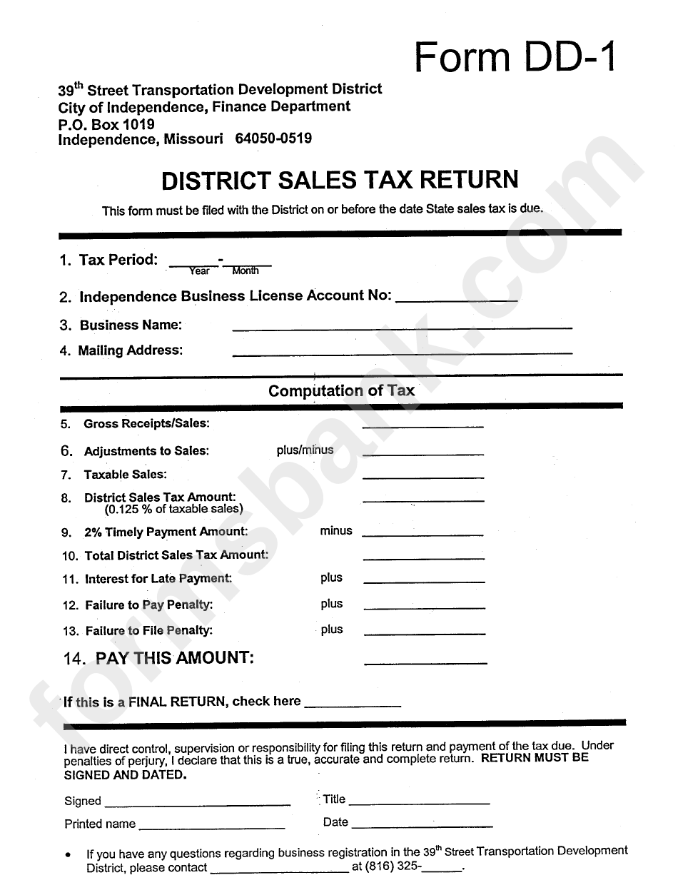 Form Dd-1 - District Sales Tax Return