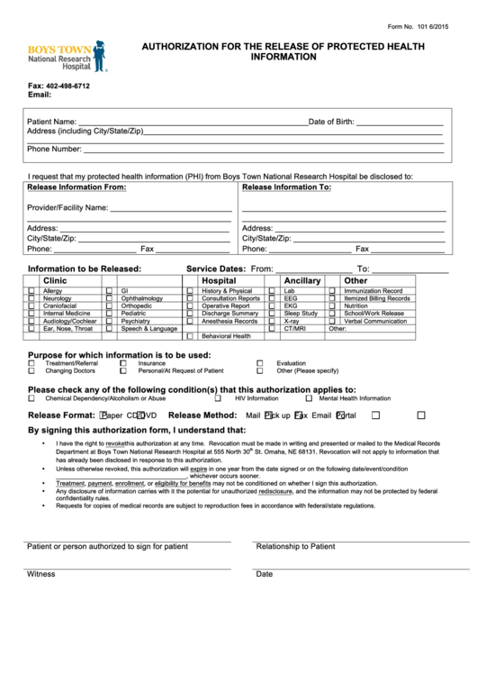 Form 101 - Authorization For The Release Of Protected Health Information Printable pdf