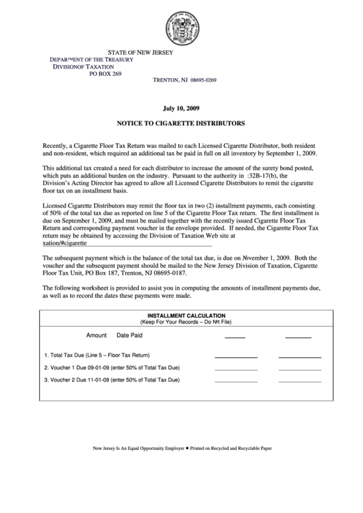 Form Cft-160 - Cigarette Floor Tax-Distributors Installment Payment - 2009 Printable pdf