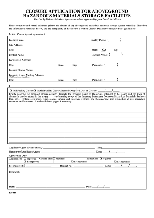 Form Un-033 - Closure Application For Aboveground Hazardous Materials Storage Facilities Printable pdf