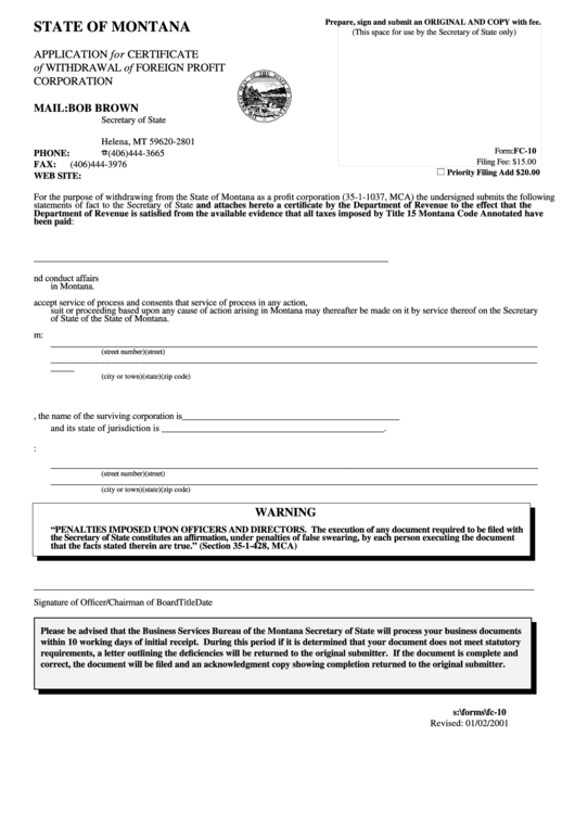 Form Fc-10 - Application For Certificate Of Withdrawal Of Foreign Profit Corporation - Mt Secretary Of State - 2001 Printable pdf