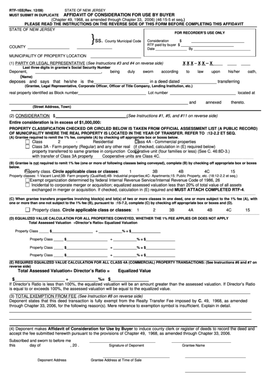 Fillable Form Rtf-1ee - Affidavit Of Consideration For Use By Buyer - 2009 Printable pdf