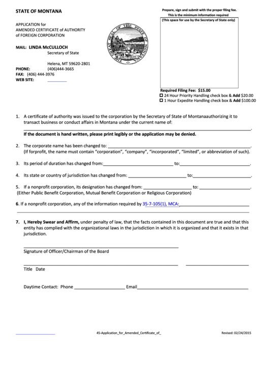 Application For Amended Certificate Of Authority Of Foreign Corporation -Montana Secretary Of State Printable pdf