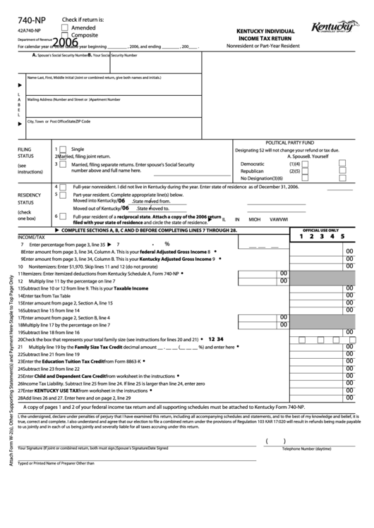 Fillable Form 740-Np - Kentucky Individual Income Tax Return
