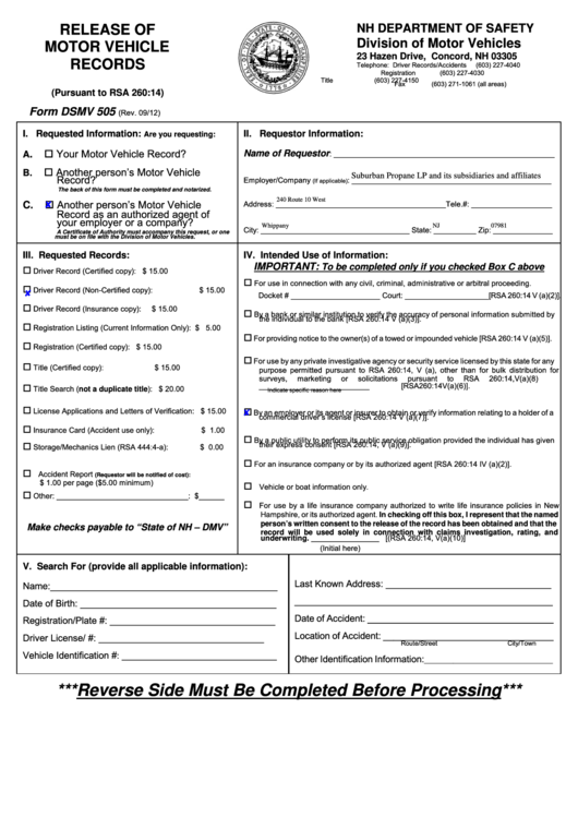 Fillable Form Dsmv 505 - Release Of Motor Vehicle Records - Division Of Motor Vehicles - Nh Department Of Safety Printable pdf