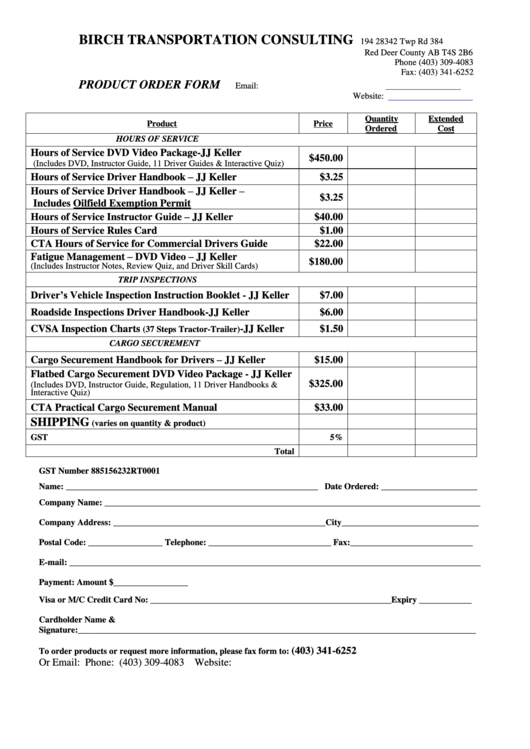 Product Order Form - Birch Transportation Consulting Printable pdf
