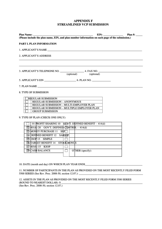 Fillable Appendix F - Streamlined Vcp Submission - Internal Revenue Service Printable pdf