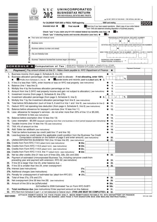 Fillable Form Nyc-202 - Unincorporated Business Tax Return For Individuals, Estates And Trusts - 2005 Printable pdf