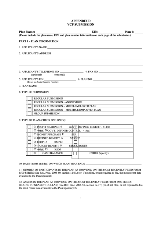 Fillable Appendix D - Vcp Submission - Internal Revenue Service Printable pdf