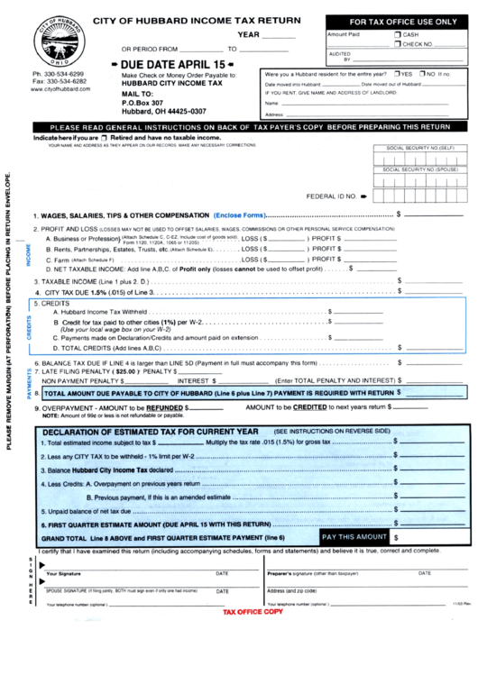 City Of Hubbard Income Tax Return Form - 2003 Printable pdf