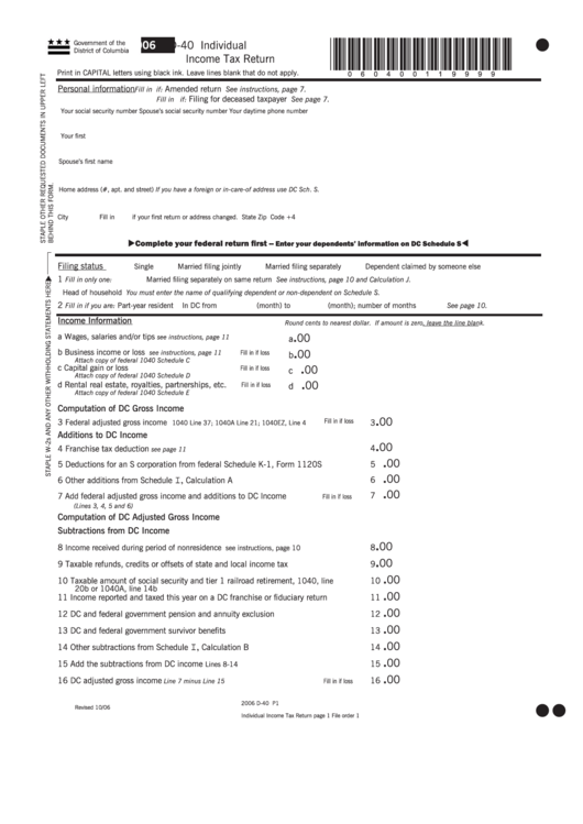 Fillable Form D-40 - Individual Income Tax Return - 2006 Printable pdf