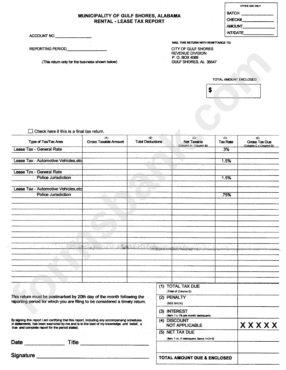 Municipality Of Gulf Shores - Rental - Lease Tax Report Form printable ...