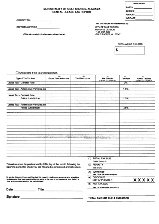 Municipality Of Gulf Shores - Rental - Lease Tax Report Form printable ...