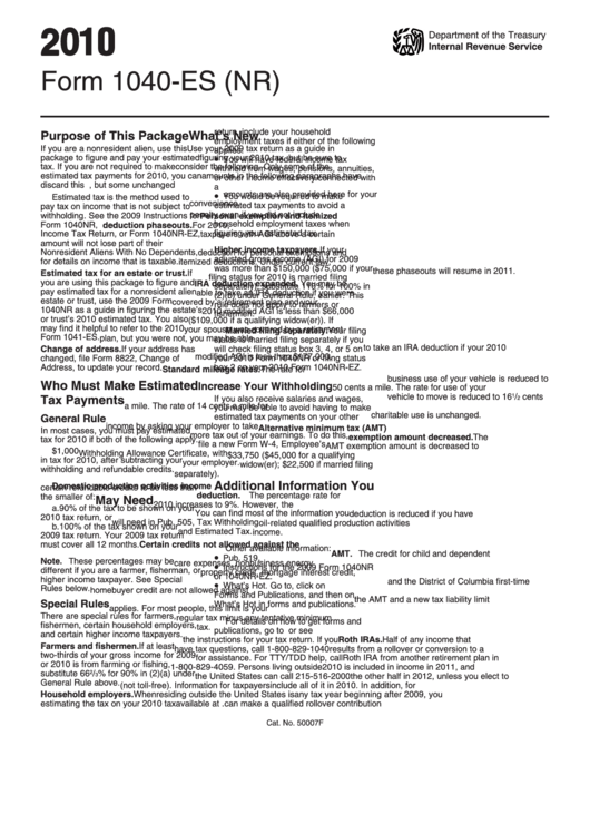 Fillable Form 1040-Es (Nr) - Estimated Tax Payment Voucher - 2010 Printable pdf