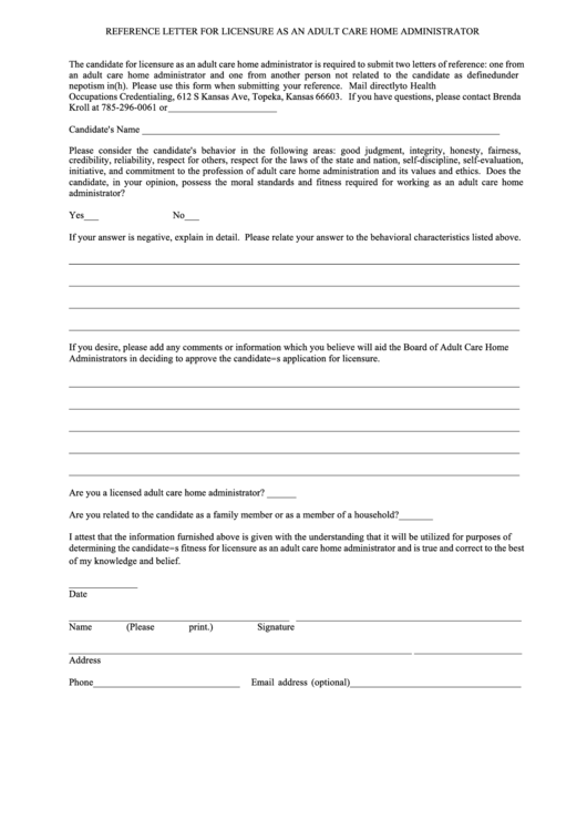 Reference Letter For Licensure As An Adult Care Home Administrator Form Printable pdf
