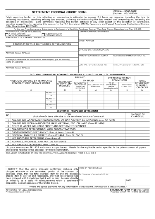 Form 1438 - Settlement Proposal (Short Form) Printable pdf