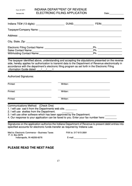 Form: Ef-App1 - Electronic Filing Application - Indiana Department Of Revenue Printable pdf