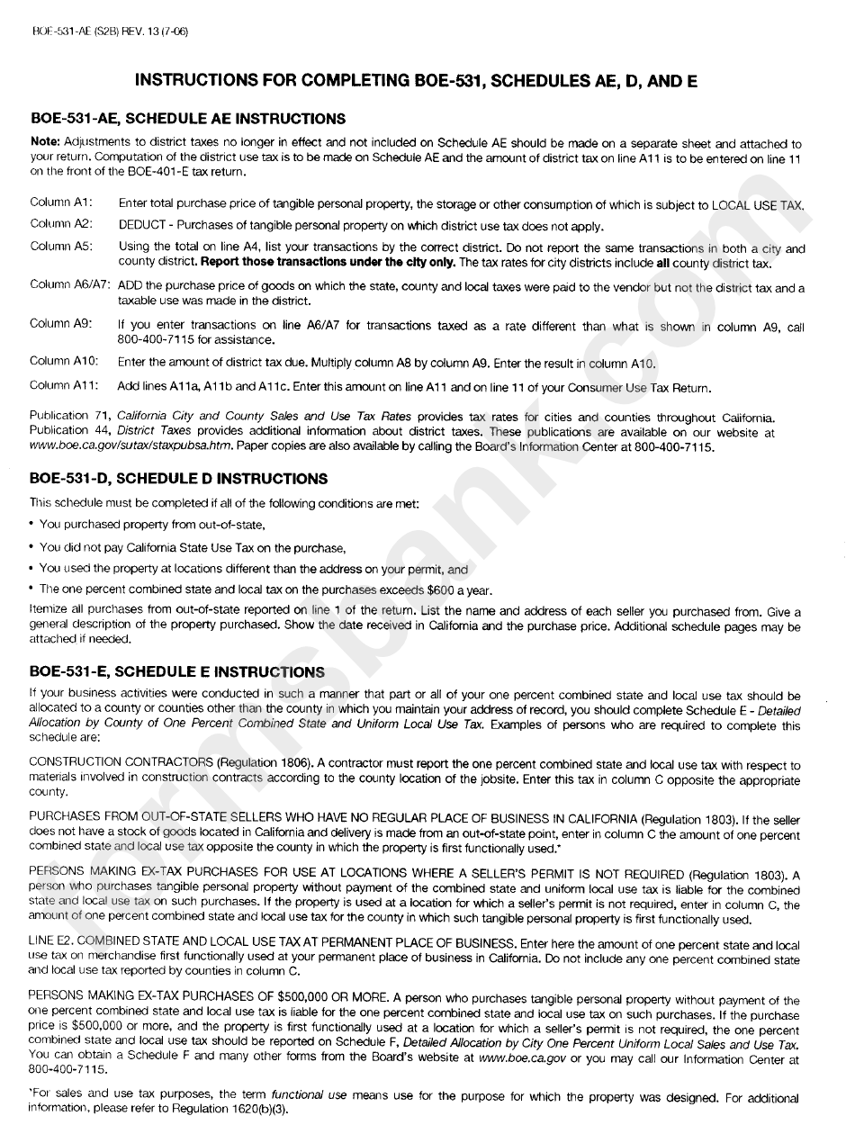 Instructions For Form Boe-531-Ae, Boe-531-D, Boe-531-E - 2006