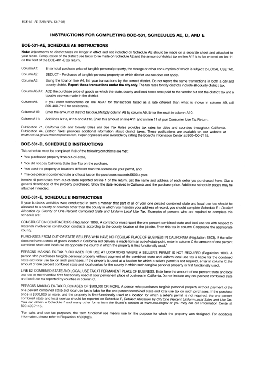 Instructions For Form Boe-531-Ae, Boe-531-D, Boe-531-E - 2006 Printable pdf