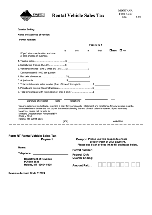 Form Rvst - Rental Vehicle Sales Tax - 2003 Printable pdf