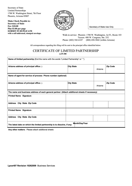 Fillable Certificate Of Limited Partnership - Arizona Secretary Of State Printable pdf