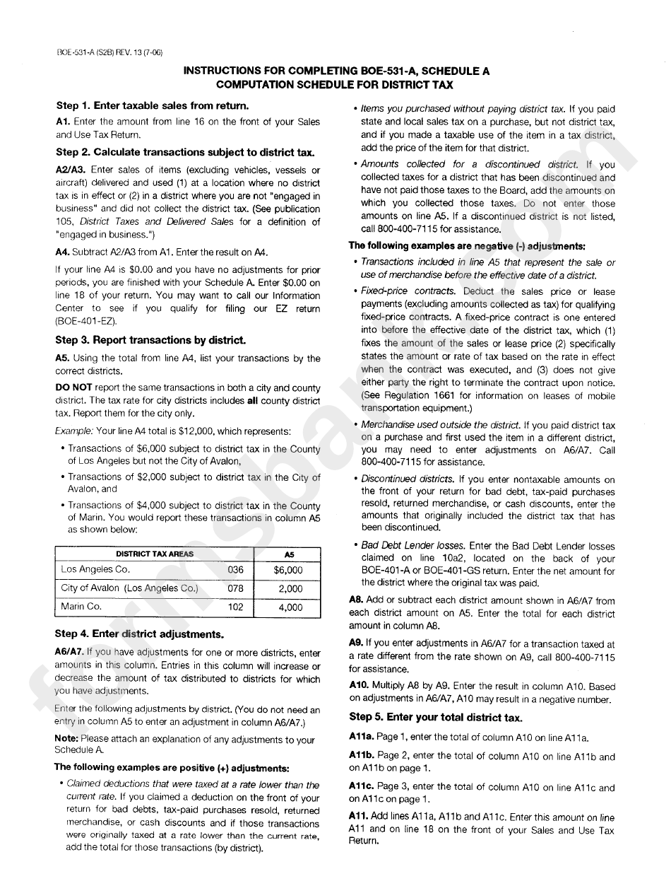 Instructions For Completing Boe-531-A, Schedule A - Computation Schedule For District Tax - 2006