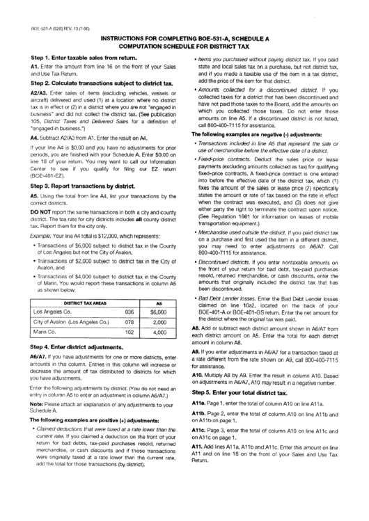 Instructions For Completing Boe-531-A, Schedule A - Computation Schedule For District Tax - 2006 Printable pdf