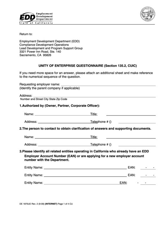 Fillable Form De 1870ue - Unity Of Enterprise Questionnaire (Section 135.2, Cuic) - 2009 Printable pdf