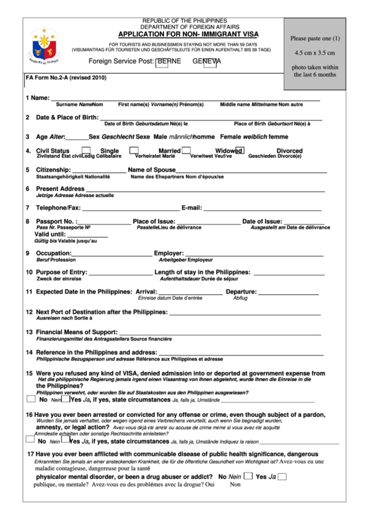 Application For Non- Immigrant Visa Form - Philippines Department Of Foreign Affairs Printable pdf