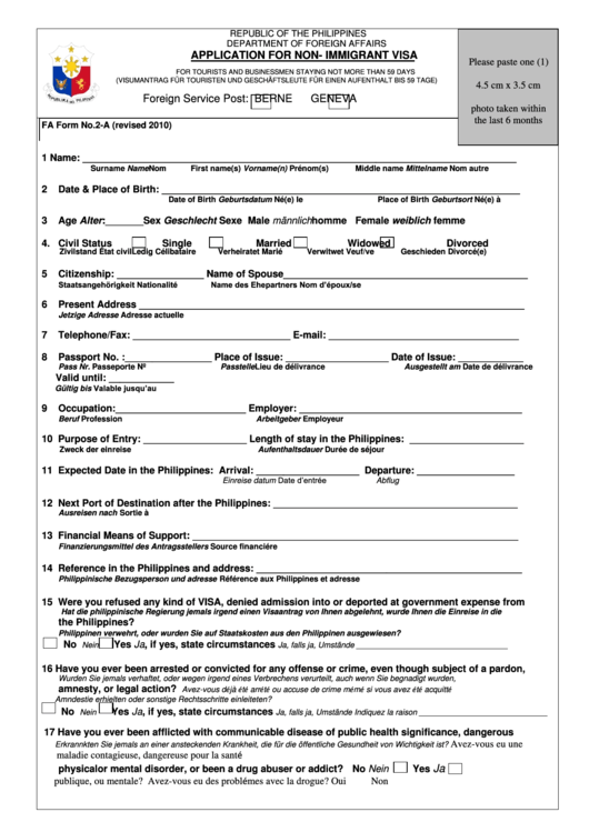 Application For Non Immigrant Visa Form Philippines Department Of Foreign Affairs Printable