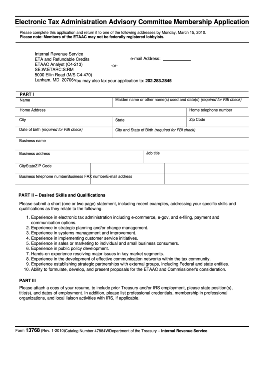 Fillable Form 13768 - Electronic Tax Administration Advisory Committee Membership Application Printable pdf