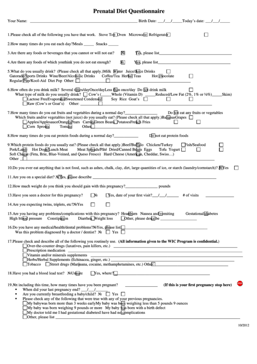 Prenatal Diet Questionnaire Form Printable pdf