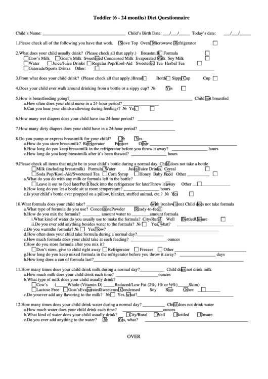 Diet Questionnaire Form - Toddler (6-24 Months)