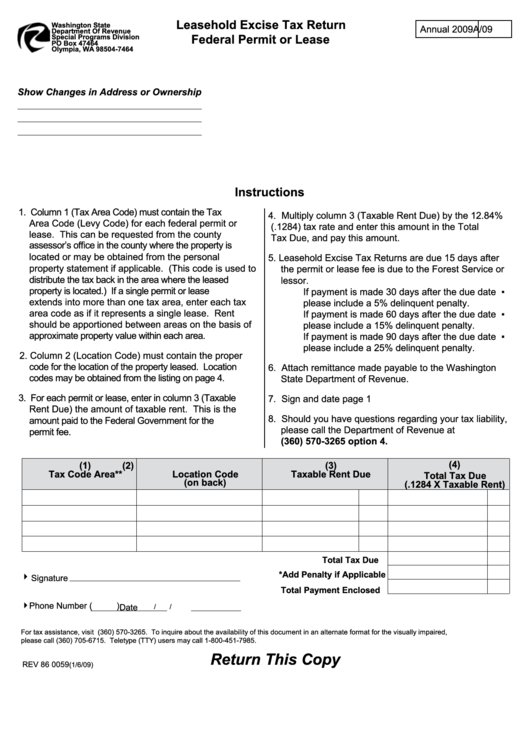 Form Rev 86 0059 - Leasehold Excise Tax Return Federal Permit Or Lease - 2009 Printable pdf