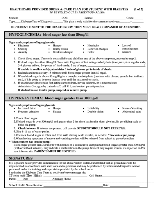 Healthcare Provider Order & Care Plan For Student With Diabetes Form Printable pdf