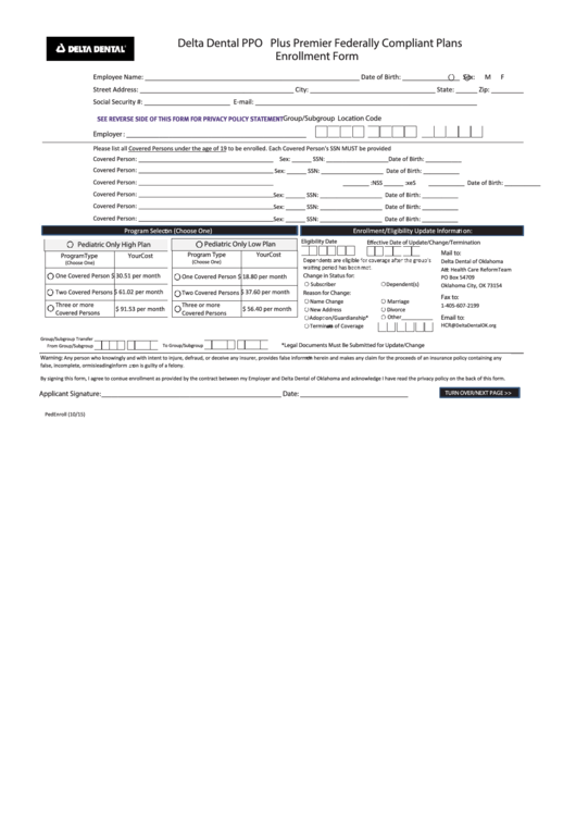 Delta Dental Ppo - Plus Premier Federally Compliant Plans Enrollment Form Printable pdf