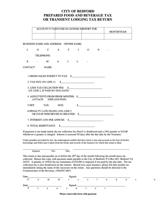Prepared Food And Beverage Tax Or Transient Lodging Tax Return Form - Bedford - Virginia Printable pdf