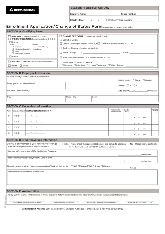 Fillable Enrollment Application/change Of Status Form Printable pdf
