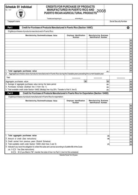 Schedule B1 Individual - Credits For Purchase Of Products Manufactured In Puerto Rico And Puerto Rican Agricultural Products - 2008 Printable pdf