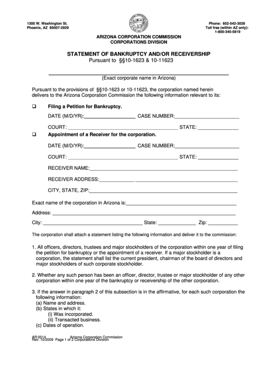Form Ar:0014 - Statement Of Bankruptcy And/or Receivership - Arizona Corporation Commission Printable pdf