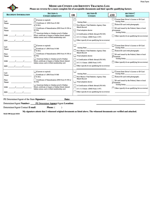 Fillable Medicaid Citizen And Identity Tracking Log Form Printable pdf