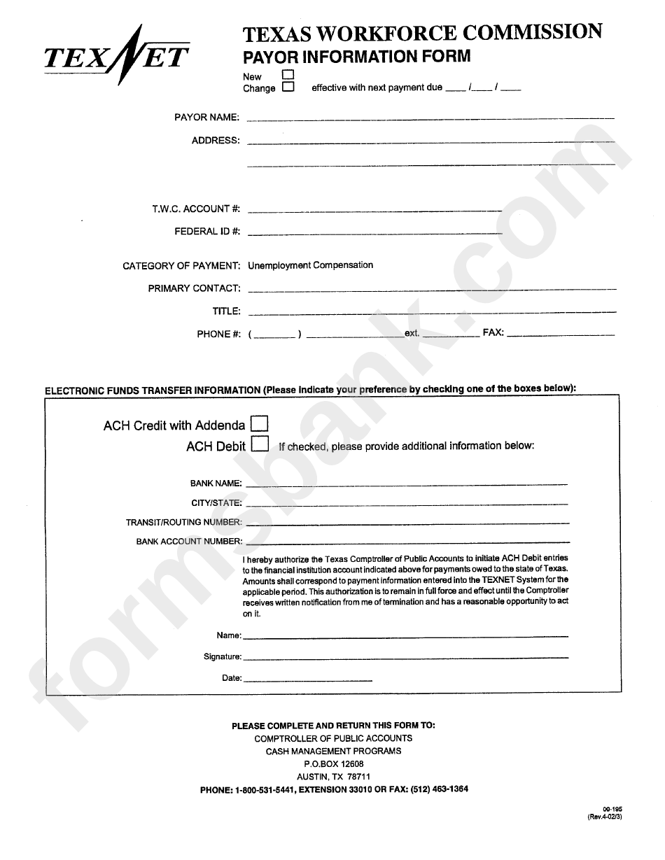 Form 00-195 - Payor Information Form - Texas Workforce Comission