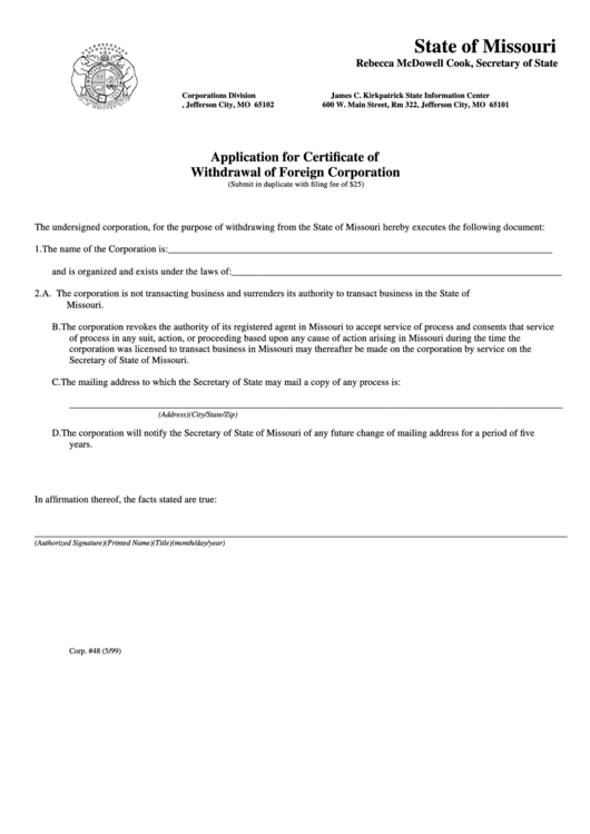 Application For Certificate Of Withdrawal Of Foreign Corporation 1999 Printable pdf