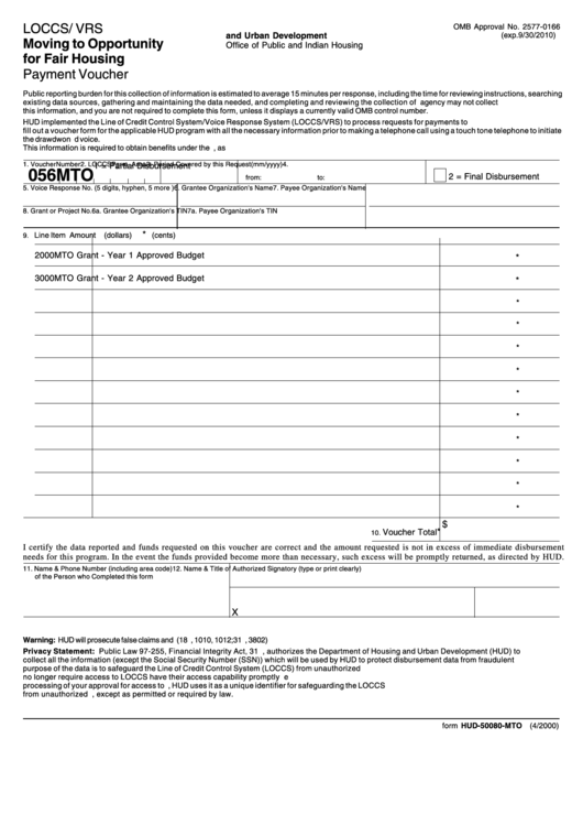 Fillable Form Hud-50080-Mto - Moving To Opportunity For Fair Housing Payment Voucher - 2000 Printable pdf