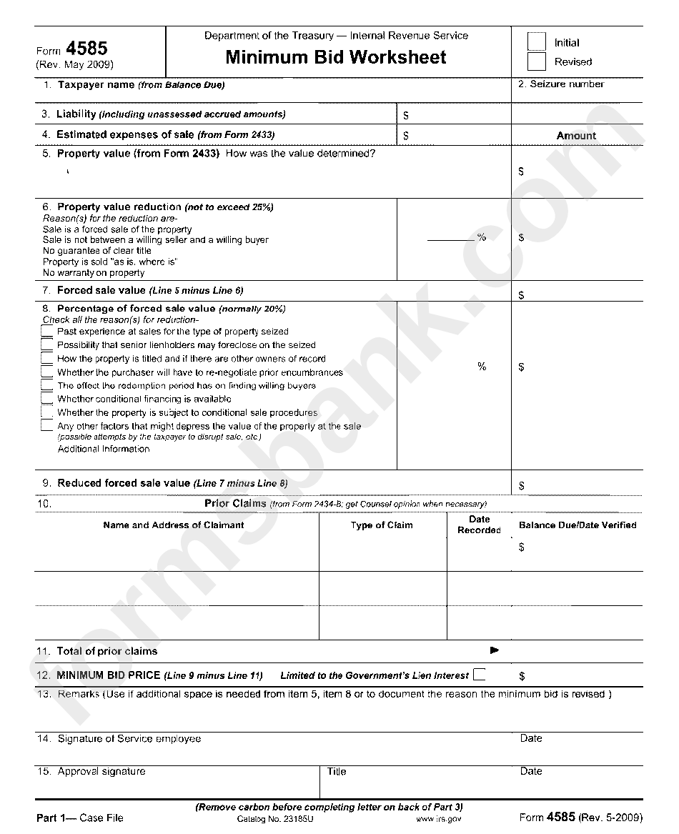 Form 4585 - Minimum Bid Worksheet - 2009