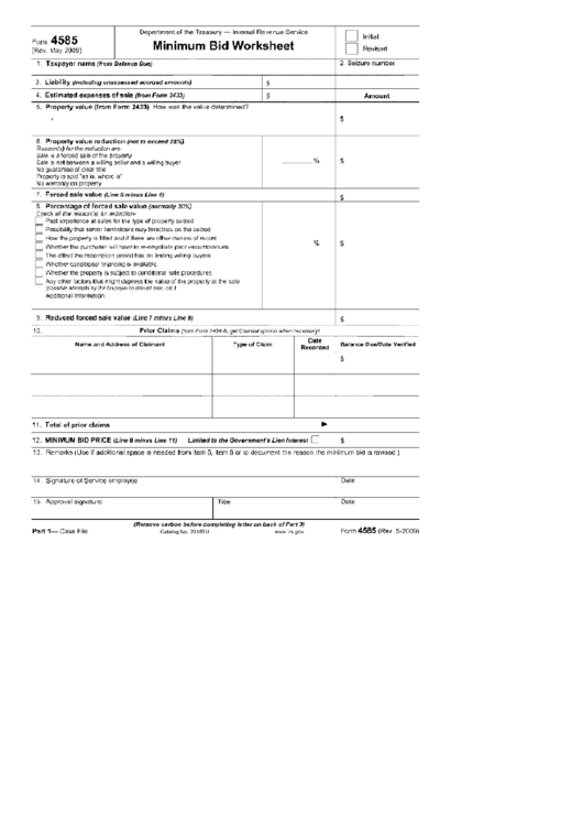 Form 4585 - Minimum Bid Worksheet - 2009 Printable pdf