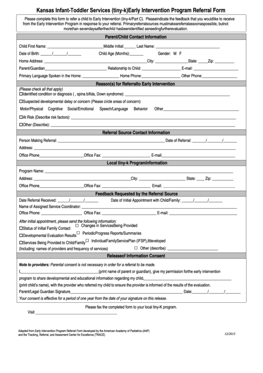 Fillable Kansas Infant-Toddler Services (Tiny-K) Early Intervention Program Referral Form Printable pdf