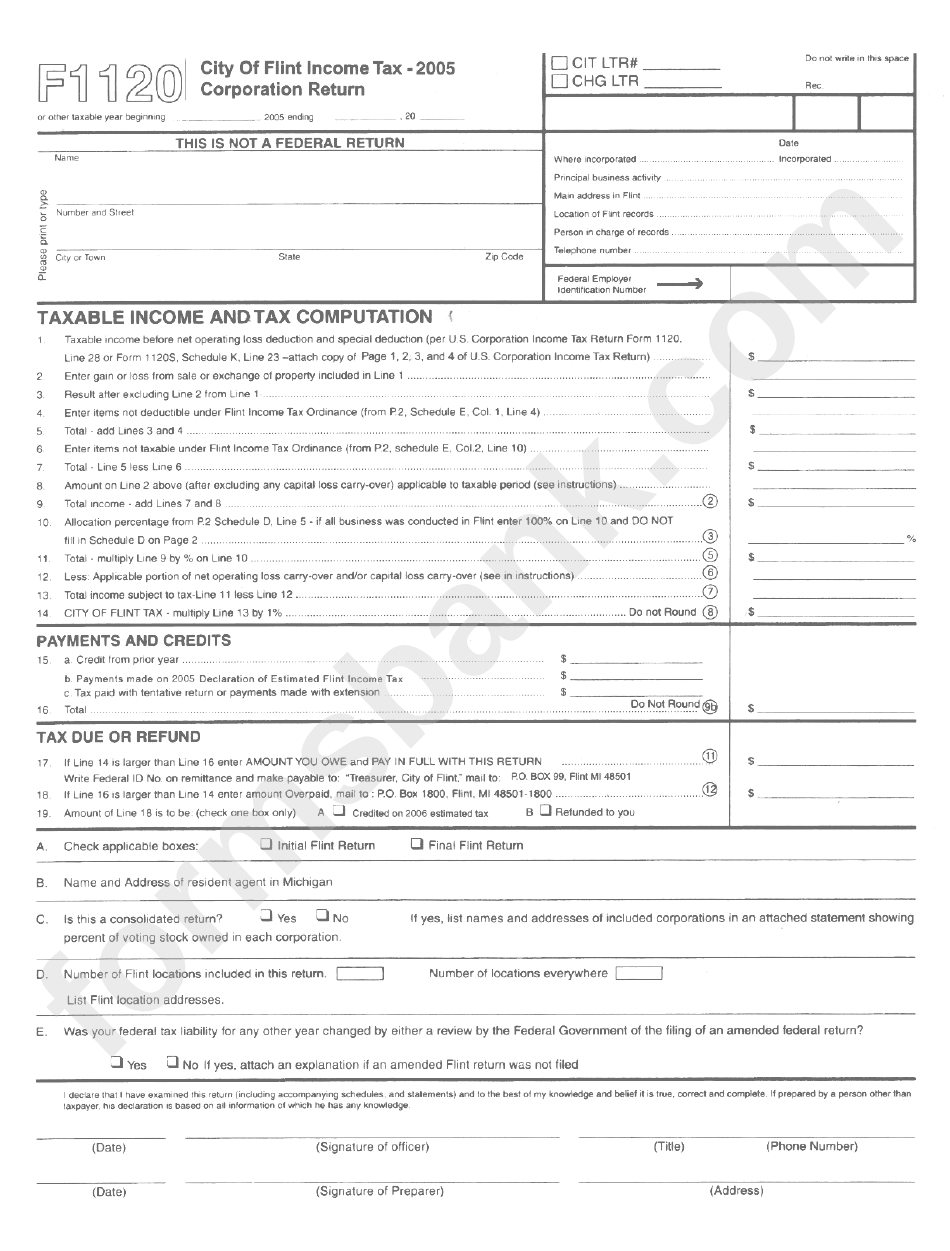 Form F1120 - City Of Flint Income Tax - Corporation Return - 2005